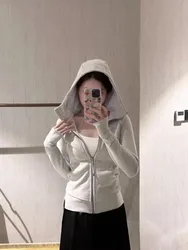 Gray style wearing gray sports short hoodie jacket for women's spring and autumn 2024 new plush and thick hooded top