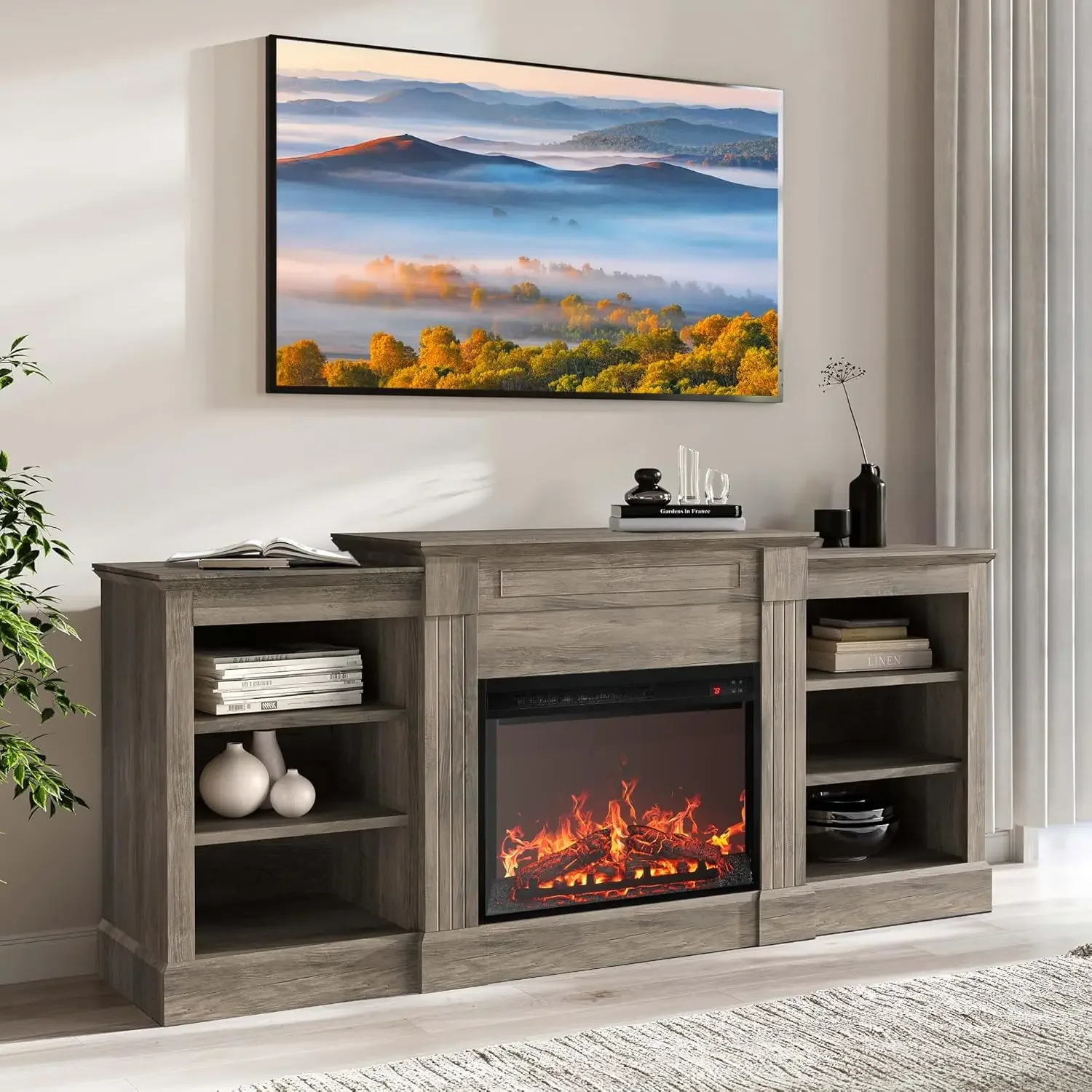 

66" Electric Fireplace Heater Mantel TV Stand & Media Entertainment Center for TVs up to 66" with Energy-Efficient Heater