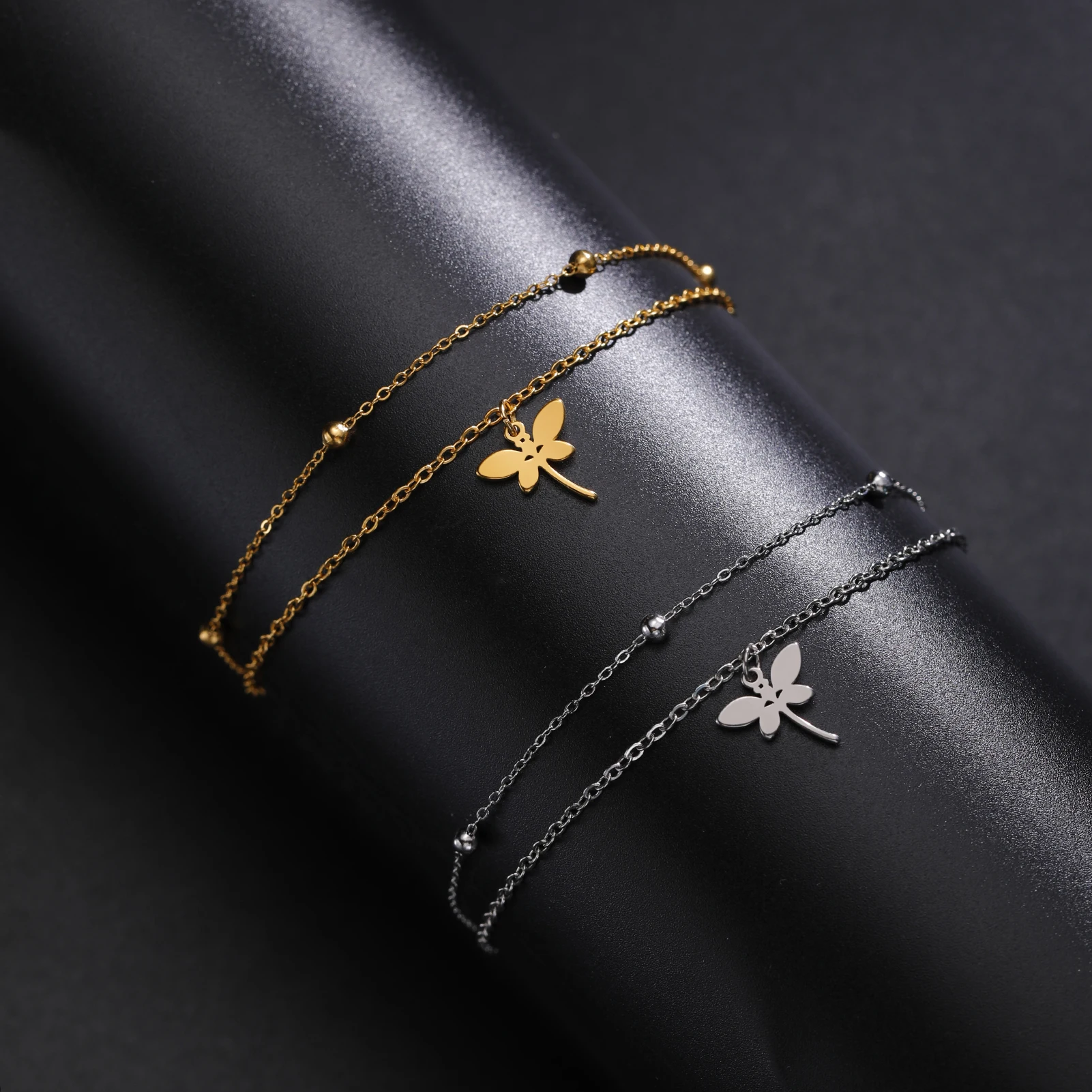 Charm Animal Dragonfly Pendant Double Layer Bracelet for Woman Wedding Stainless Steel Bracelets Engagement Fashion Jewelry