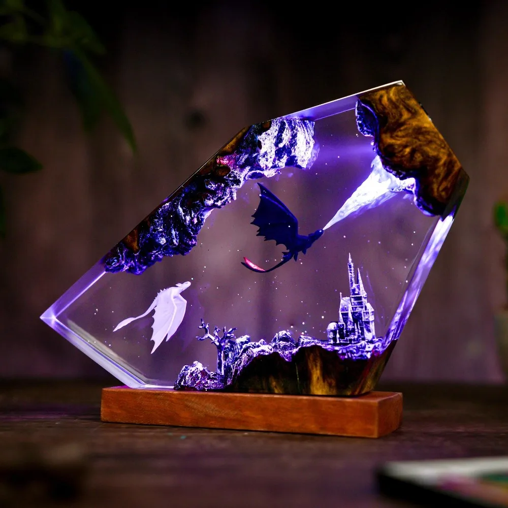 Black and White Dragon Resin Lamp Epoxy LED Night Light Anime Style Figure Lamp for Bedroom Home Decor Christmas Gift