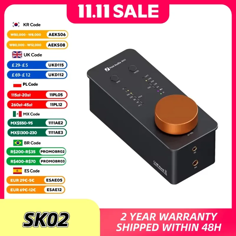 Fosi Audio SK02 USB ЦАП Усилитель для наушников Аудио декодер Поддержка DSD 256 PCM для сбалансированных наушников 3,5 мм и 4,4 мм