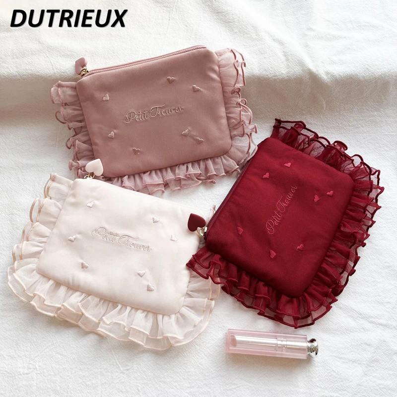 Fashion Japanese Style Sweet Cute Ladies Love Embroidery Soft Yarn Lace Tissue Bag Elegant Casual Storage Bags for Women