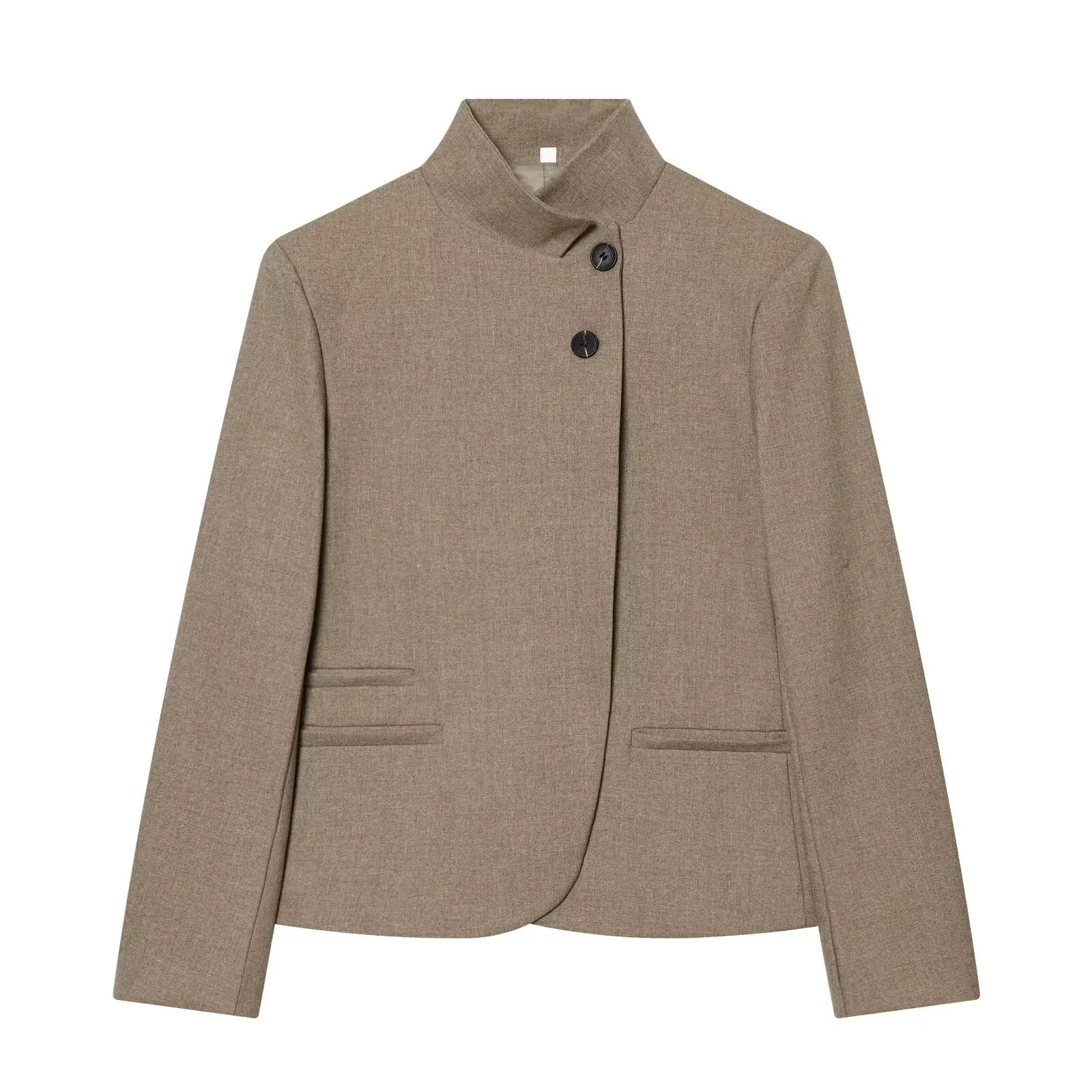 Solid Color High-Neck Blazer Irregular Curved Hem Slim Fit Cropped Minimalist Elegant Commuter Office Women Outerwear