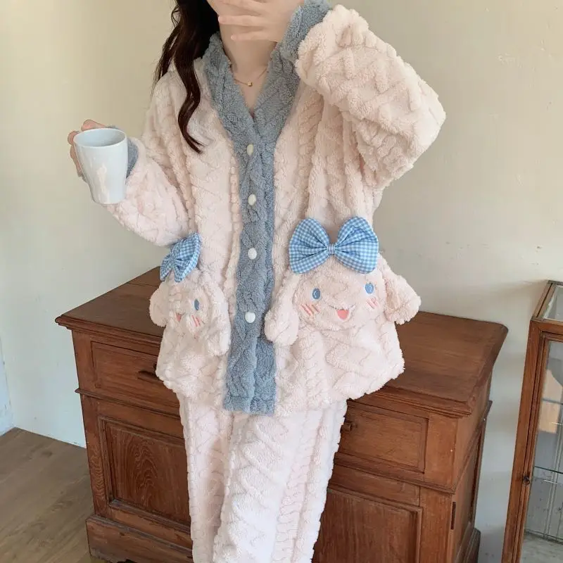 귀여운 시나모롤 코랄 플리스 파자마 여성용 가을 겨울 두꺼운 브이넥 잠옷 세트 부드럽고 따뜻한 플란넬 학생용 홈웨어