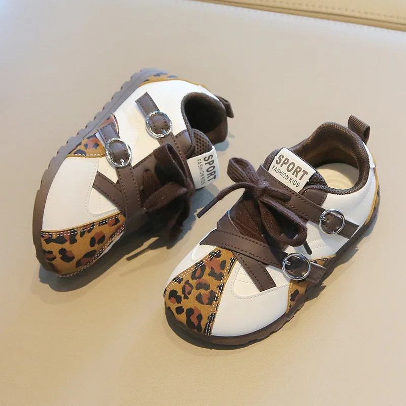 New Children's Leopard Sports Shoes Spring Autumn Patchwork Girls Causal Shoes for School Running Non-slip Fashion Kids Sneakers