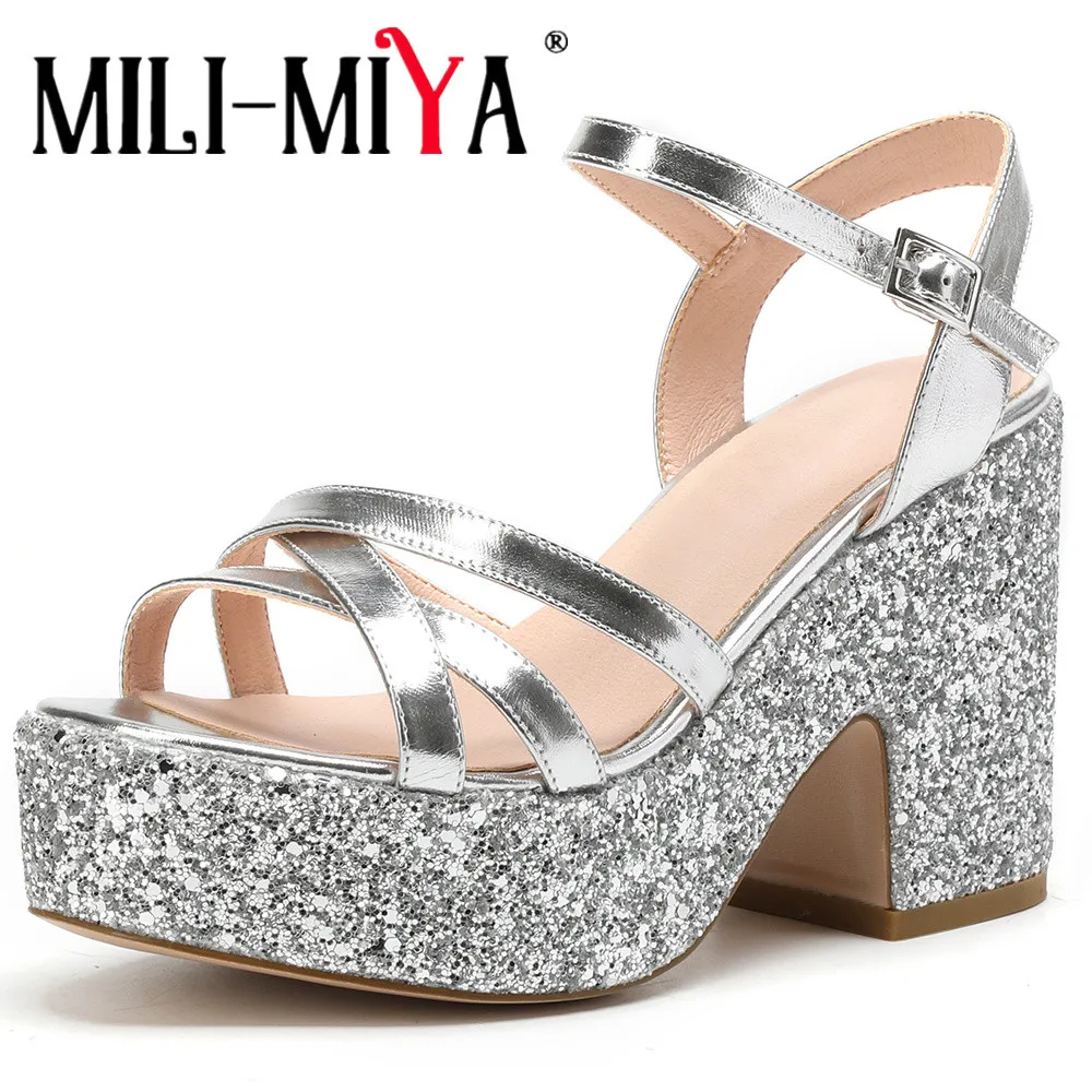 

MILI-MIYA Fashion Sequins Chunky Heel Women Cow Leather Sandals Thick Heels Platform Buckle Strap Dress Party Shoes For Ladies