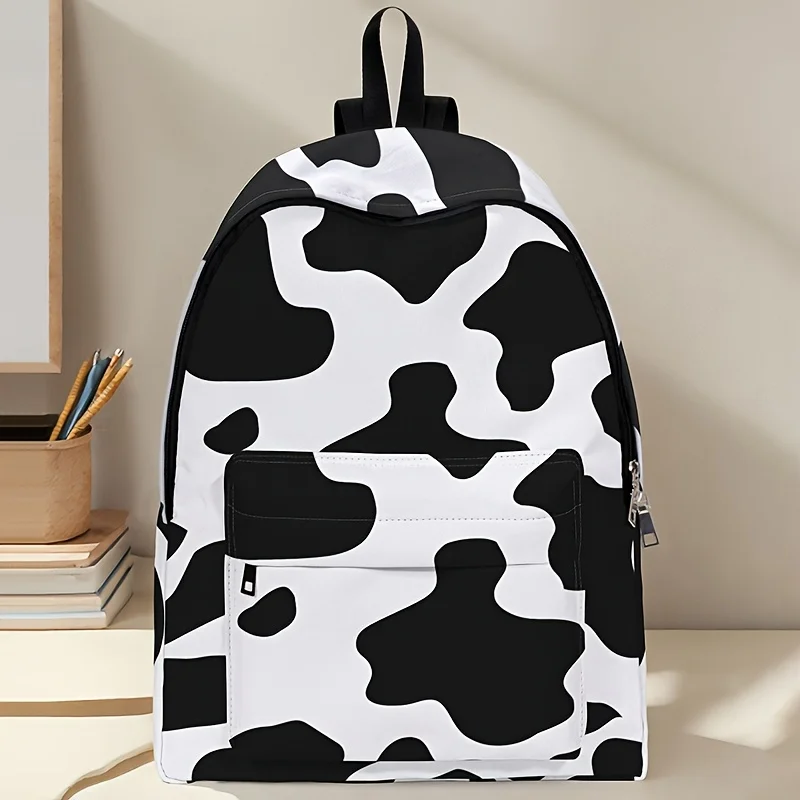 Cow Pattern Printed Backpack Large Capacity Multiple Pocket Adjustable Shoulder Straps Zipper Closure Casual Academy Style