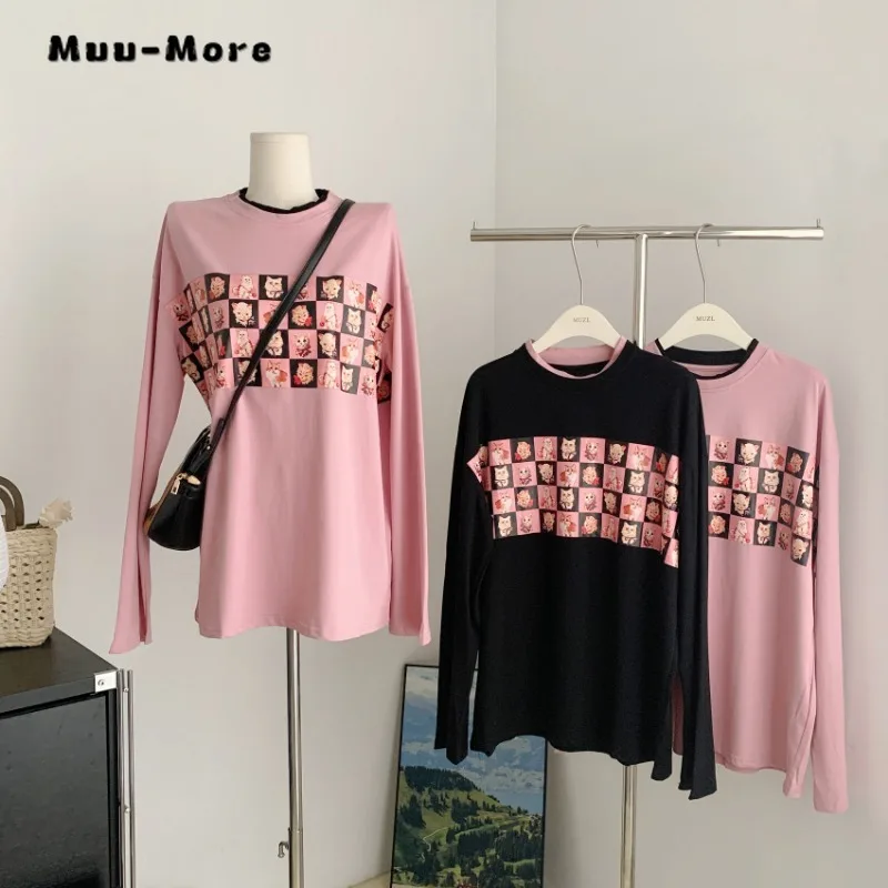 2023 Autumn Winter American Retro Pink Crewneck Fashion LatticeKitten Printing Tops for Women Oversized Long Sleeve Hedging Top