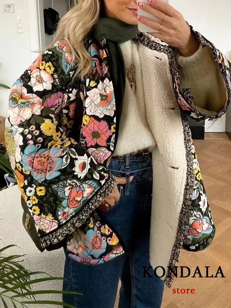 KONDALA Vintaeg Print Oversized Women Clip-on Jacket Fashion 2023 Autumn Chic Flower Lace Outwear Streetwear Long Sleeve Blazer