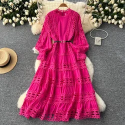 Neploe Temperament O Neck Lantern Sleeve Lace Dress Vintage Heavy Hollow Out Big Swing Mujer French Style Court Patchwork Robe