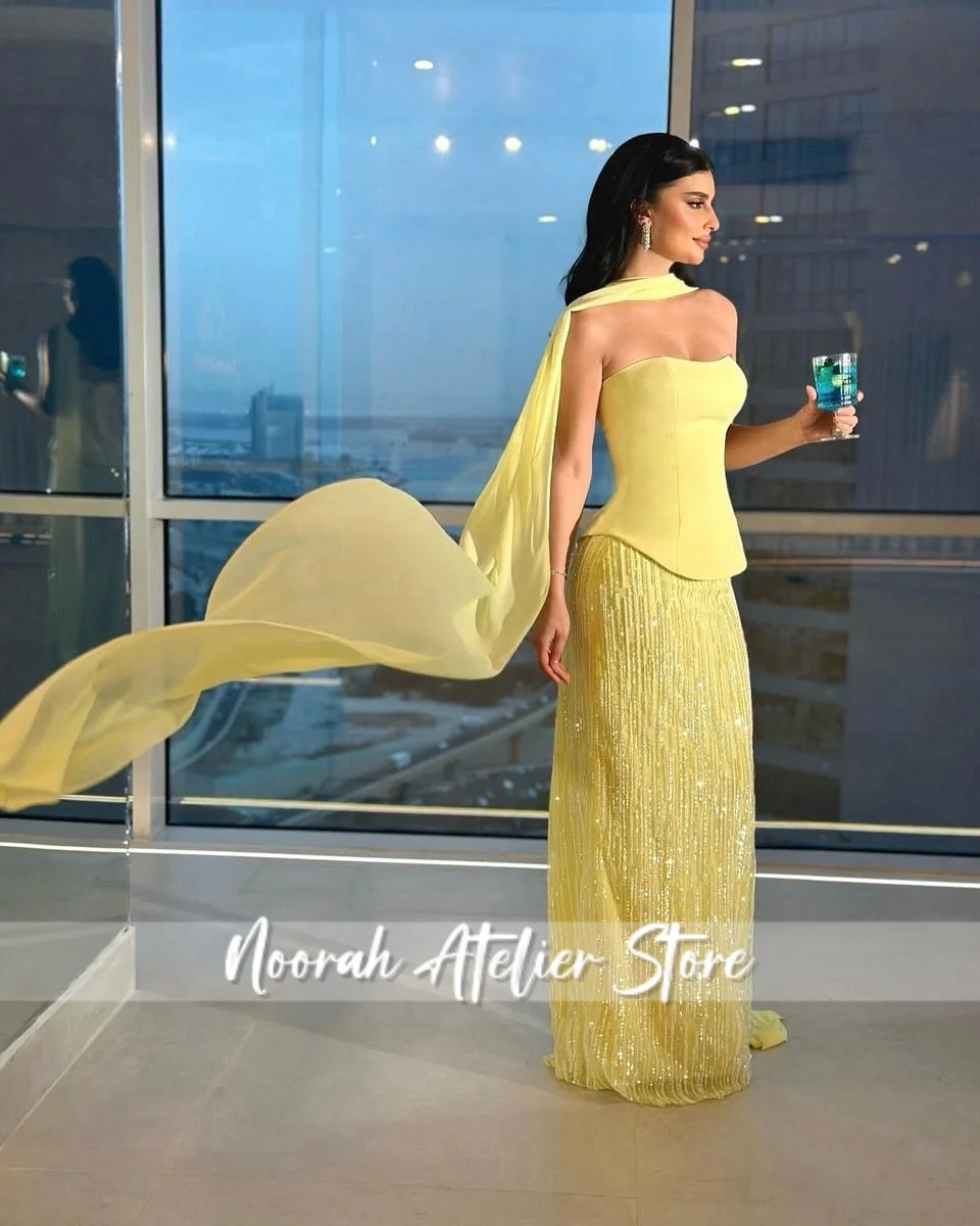 Cream Yellow Elegant Scarf Train Strapless Dubai Evening Dresses 2025 Crystal wedding dress فساتين سهرة formal Dress Customized