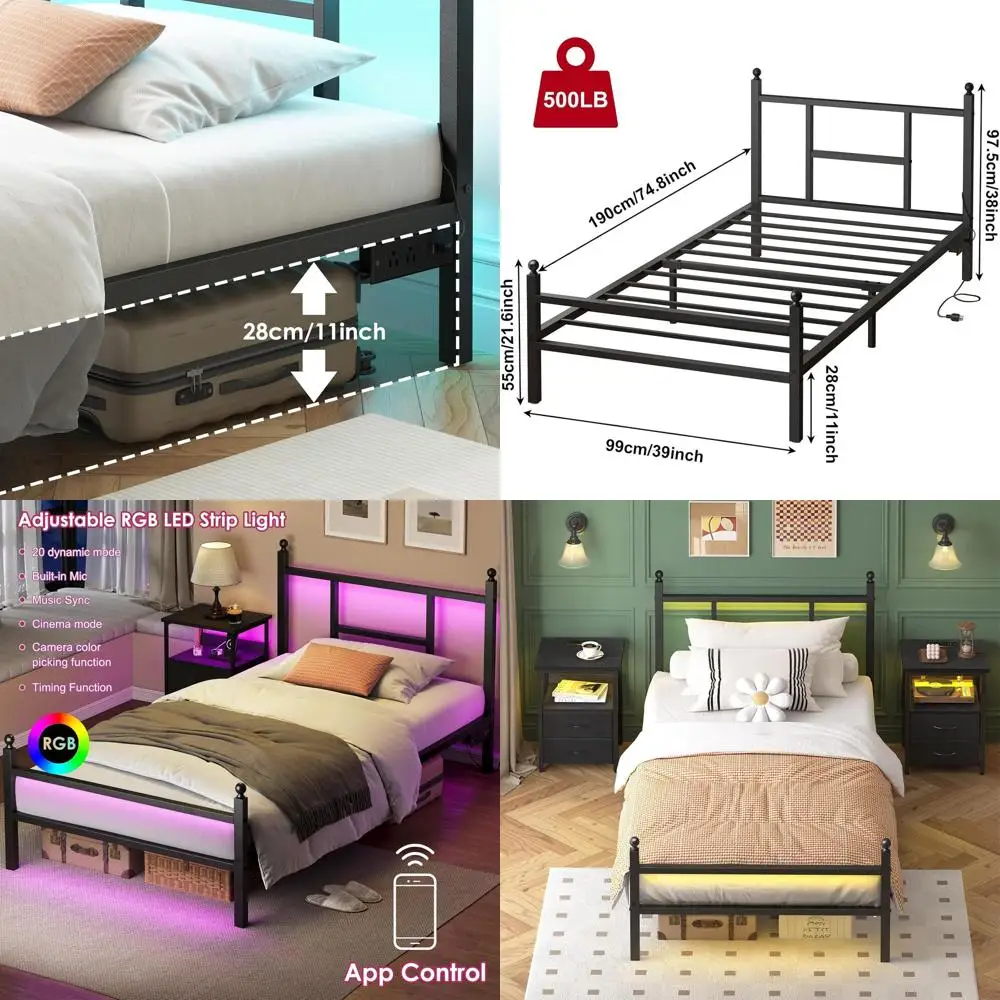 

Metal Twin Bed Frame with Built-in Charging Station and Outlet, Black