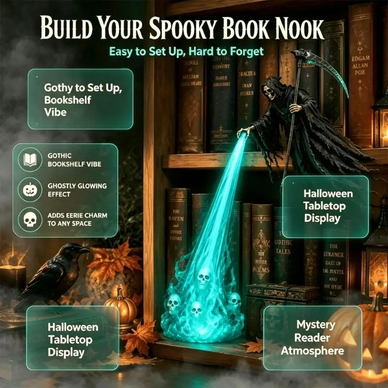 3D Printed Fantasy Shelf Decors,Bookshelf Nooks Light Grim Reapers Sculpture with Hooded, Arcing Blade, Blue-Green Beam Y5GB