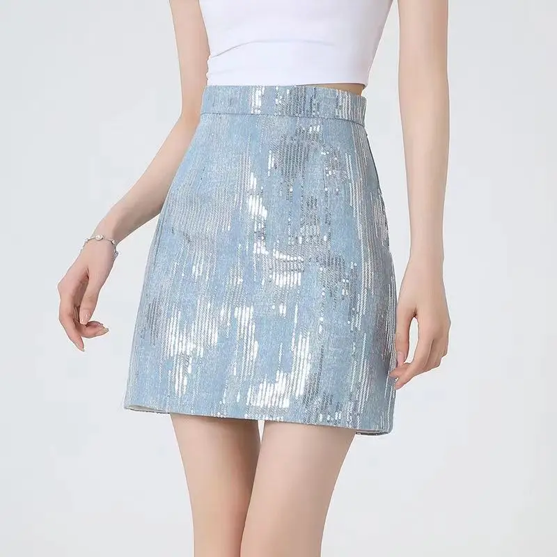 2024 New Korean Version Light Cooked Spicy Girl Anti Glare High Waisted Patchwork Sequin Slimming High Waisted Hip Wrap Skirt