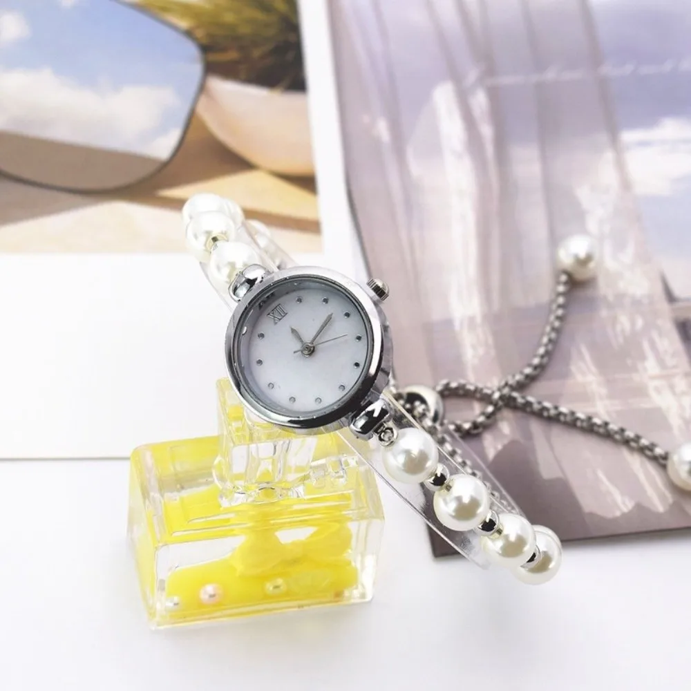 Round Dial Pearl Bracelet Watch Elegant Adjustable Drawstring Chain Women Quartz Watch Minimalist Delicate Small Dial Watch