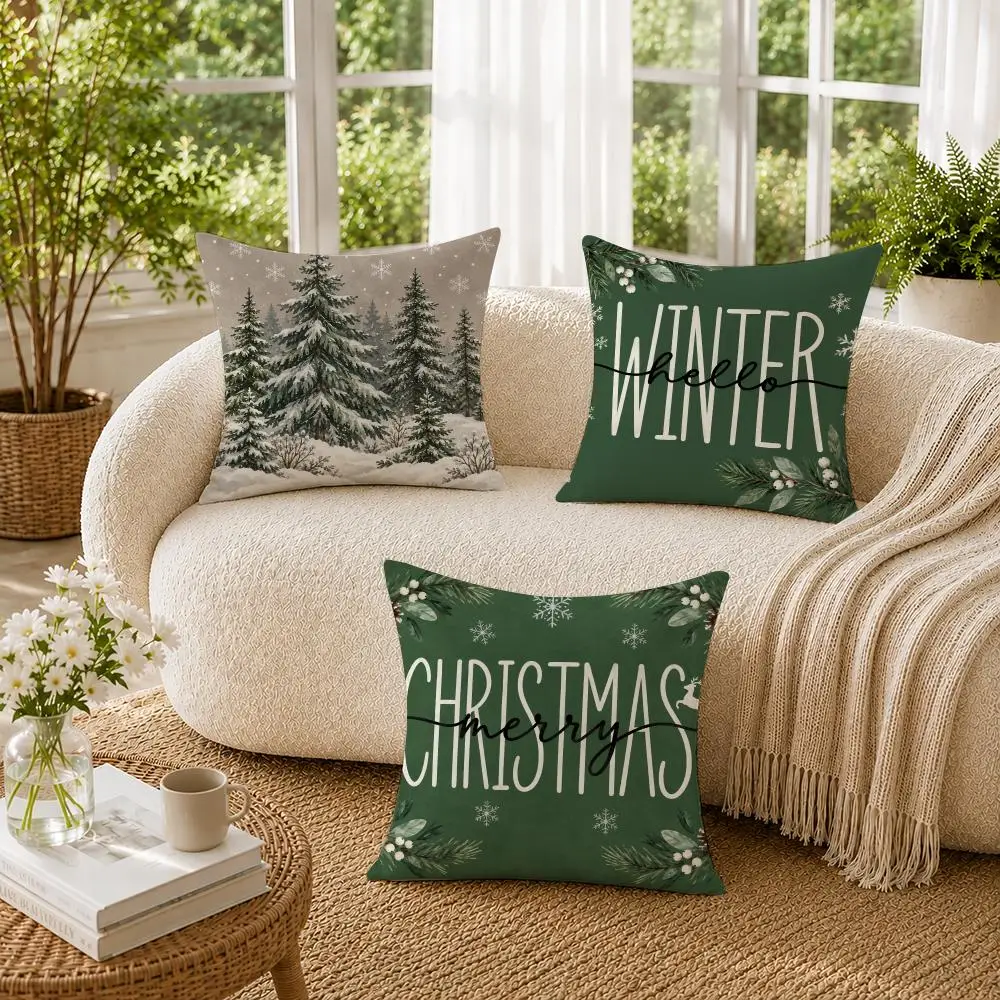 Merry Christmas Tree Hello Winter Green Cushion Cover Soft Short Plush Pillow Cases Hidden Zipper Cutecore Sofa Home Decor Gift