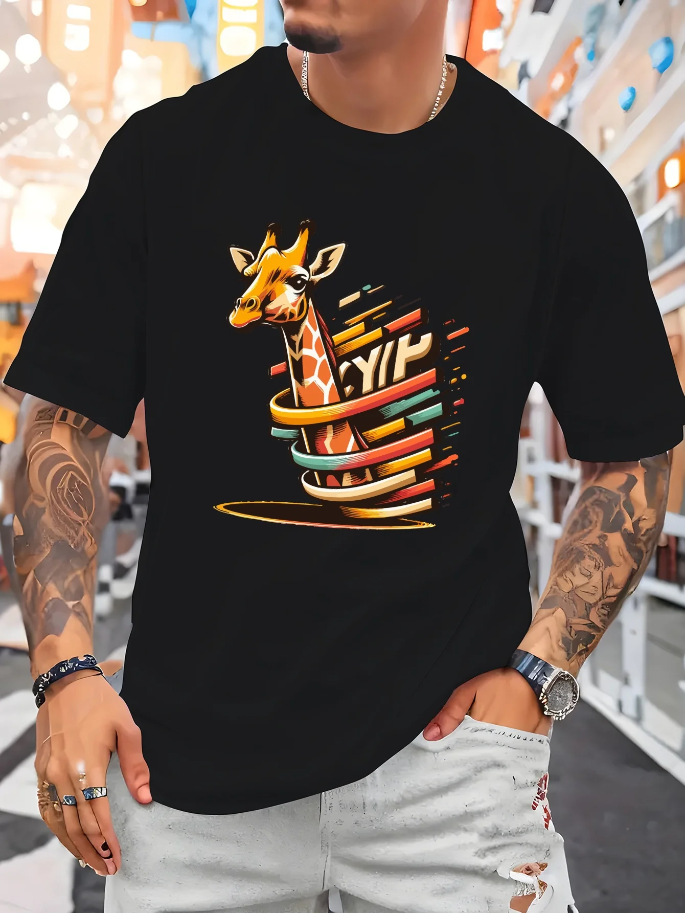 Wildlife Graphic T Shirt For Men Graffiti Style Giraffe Color Block Art Crew Neck Tee Retro Street Animal Print Casual Daily Top