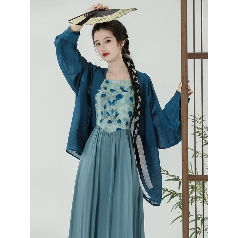 

Hanfu 2024 Blue Fairy Dress Set Chinese Costume Women's Clothing Retro Camisole Long Sleeved Dress Cardigan Two-piece Set