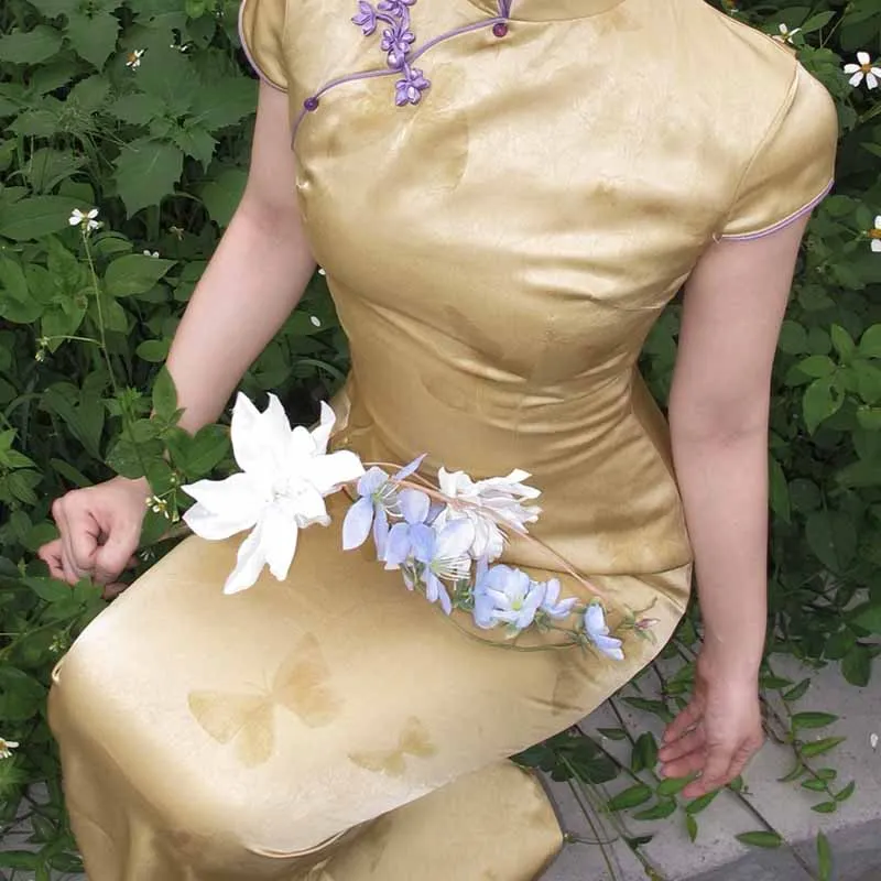 Women Solid Gold Satin Qipao Short Sleeve Stand Collar Traditional Chinese Cheongsam Dress For Party