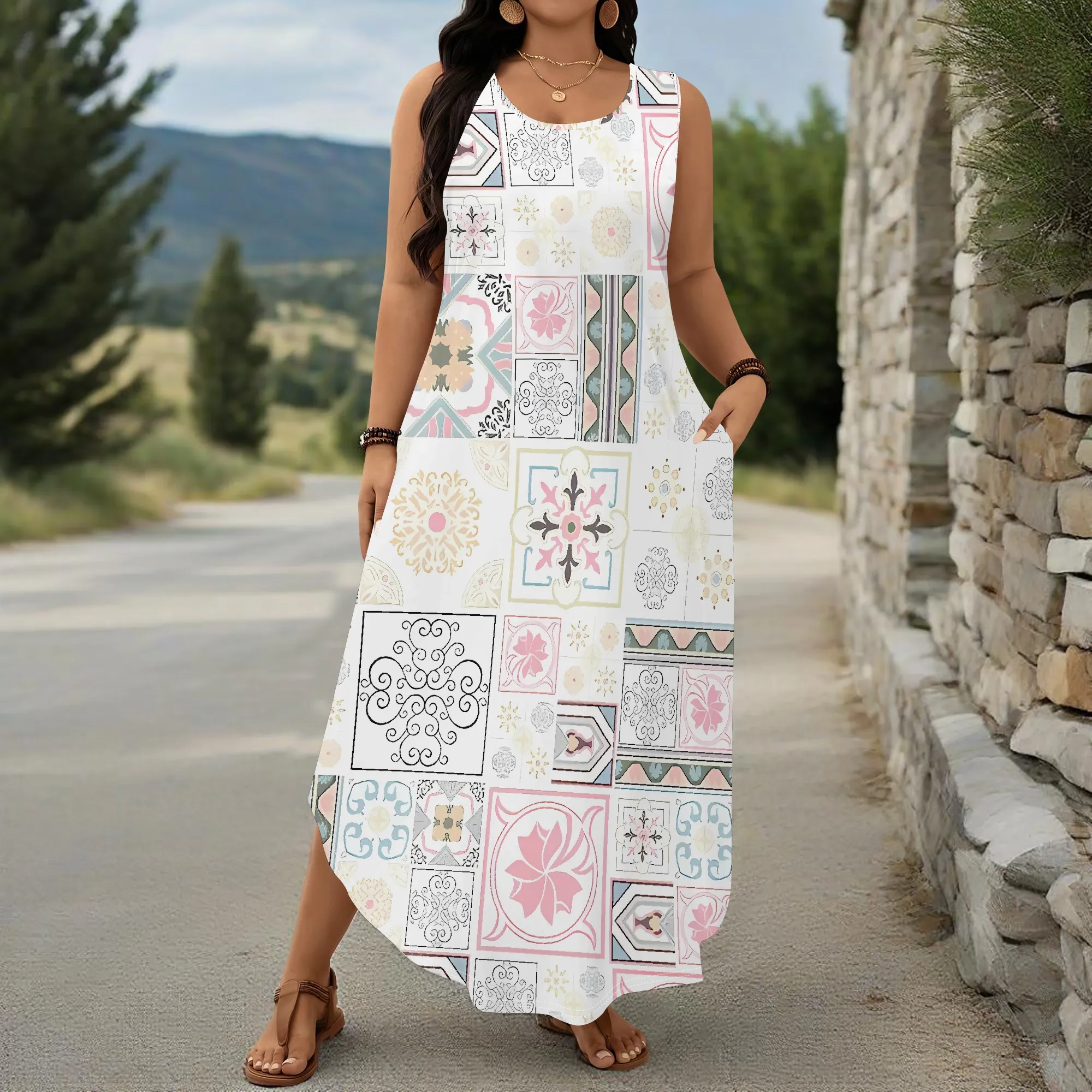 

EQQZD Plus Size Sleeveless Wide Shoulder Strap Dress, Modern Bohemian Patchwork Maxi Dress for Women