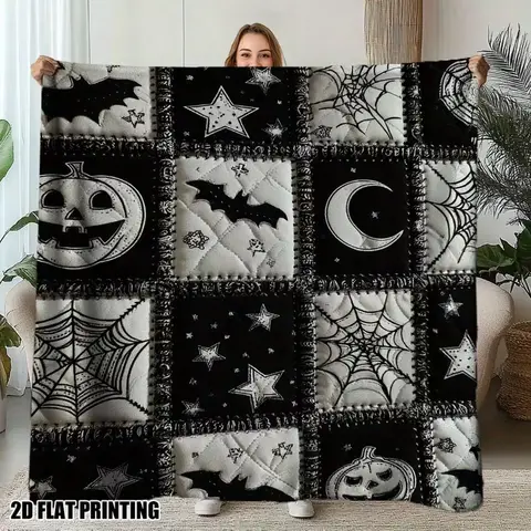 Cozy Halloween Throw Blanket - Soft Plush Flannel Patchwork Design with Spooky Bats, Pumpkins, Cobwebs & Stars - All-Season