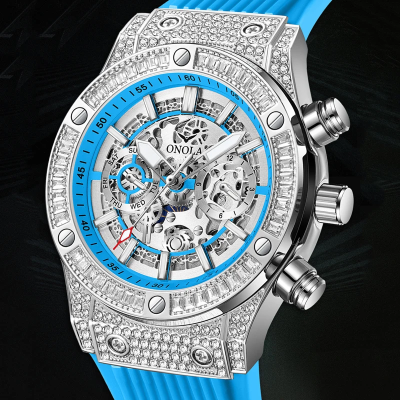 

Новые спортивные мужские механические часы с бриллиантами для мужчин, водонепроницаемые светящиеся автоматические часы, силиконовый ремешок, модные наручные часы со скелетом