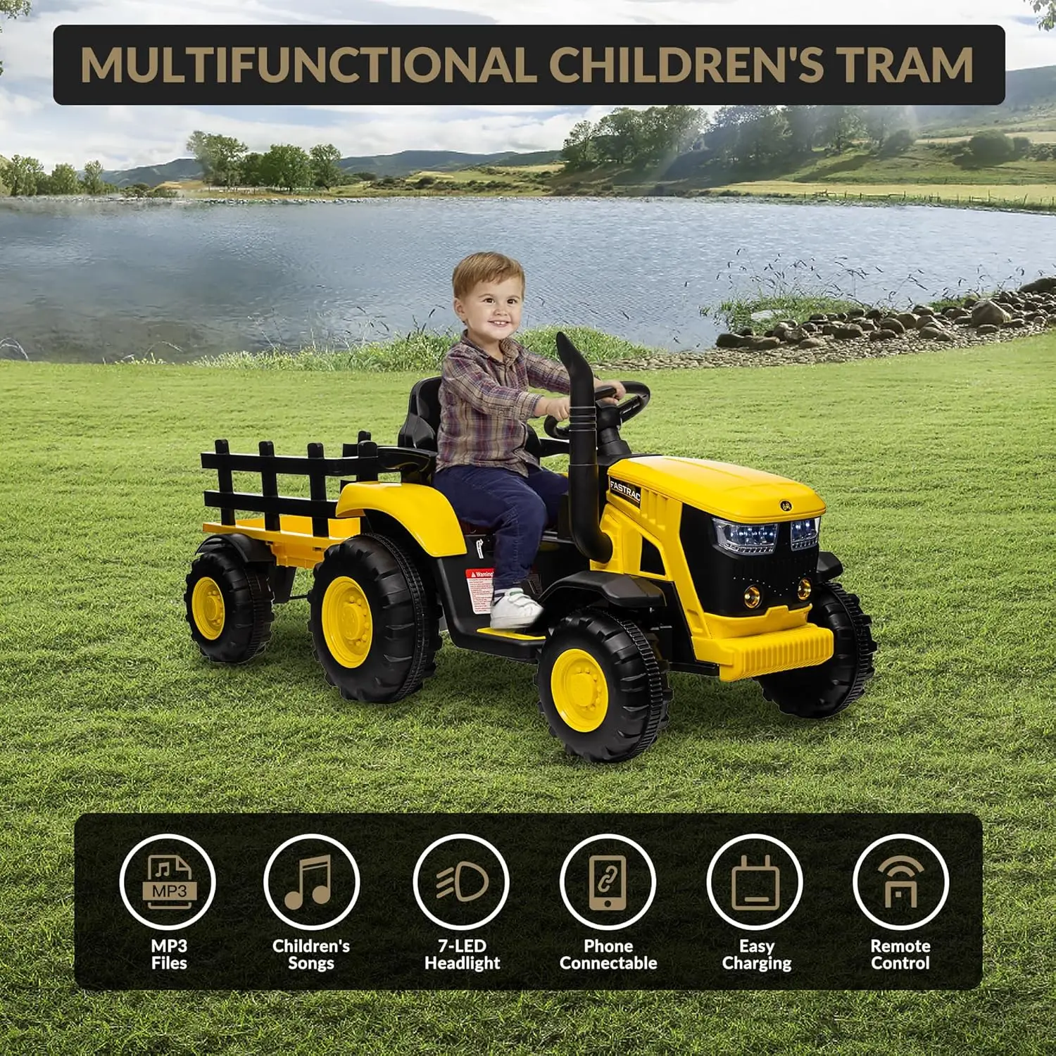 Tracteur électrique pour enfants 12V, voiture jouet avec télécommande, lumières LED, musique, corne, véhicules électriques pour tout-petits de 3 à 8 ans