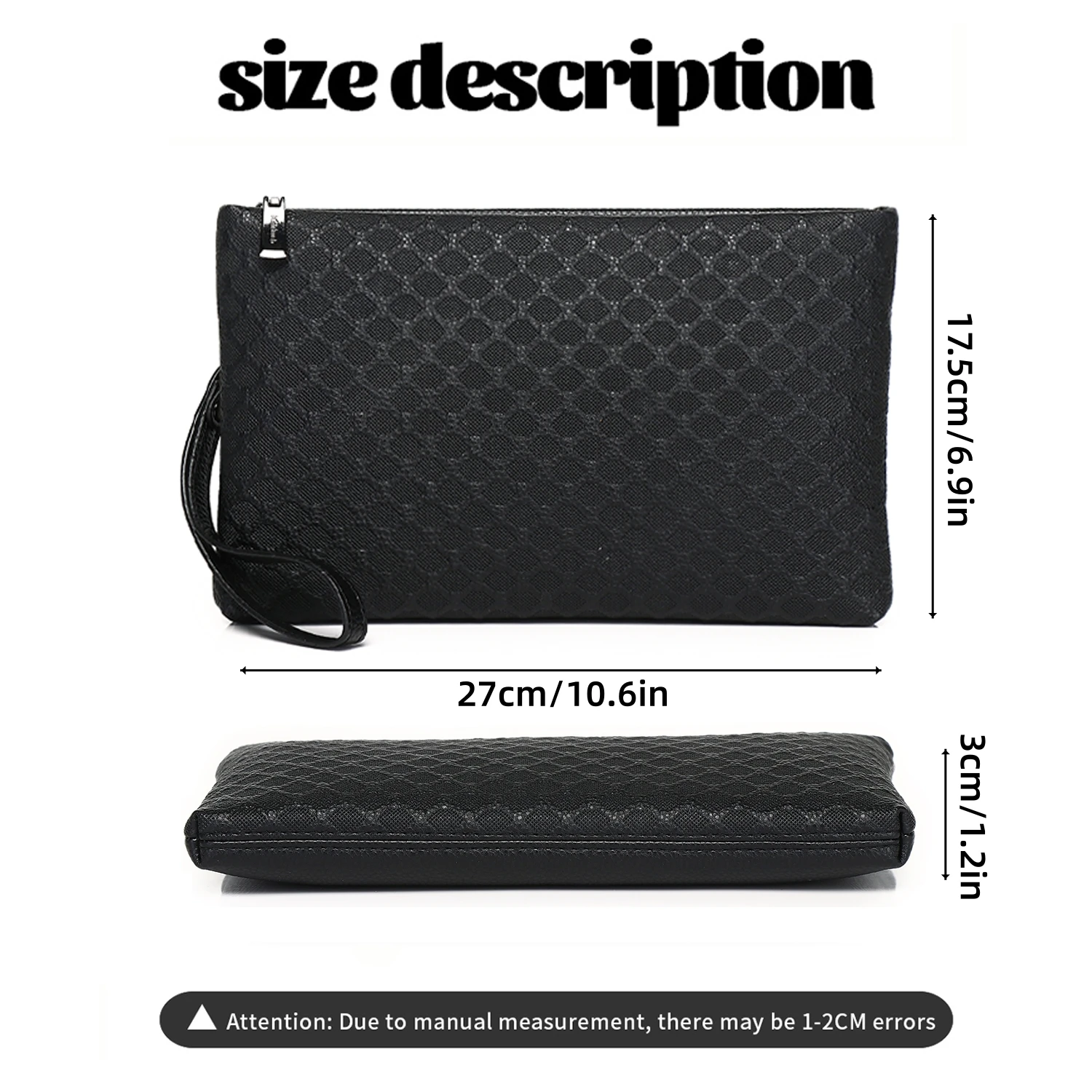 Men's Black Geometric Pattern Clutch Purse, Durable PU Leather Wristlet with Zipper Closure, Large Capacity Organizer for Office