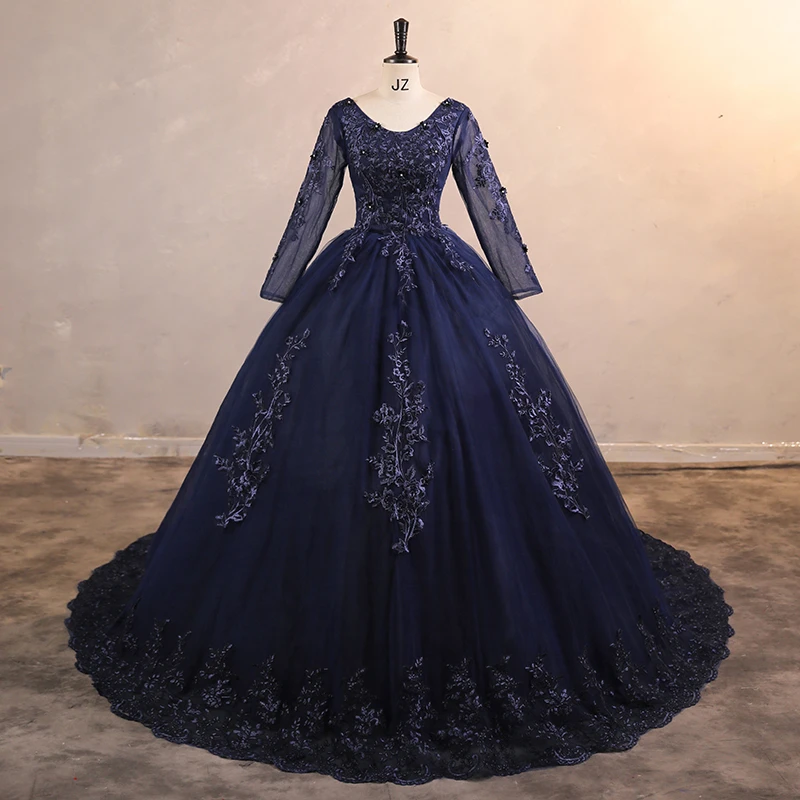 Auf Lager Marineblaues Partykleid mit Schleppe Günstige 15-Quinceanera-Kleider Langarm Formelles Abendkleid Günstiges Kleid Maßgeschneidert
