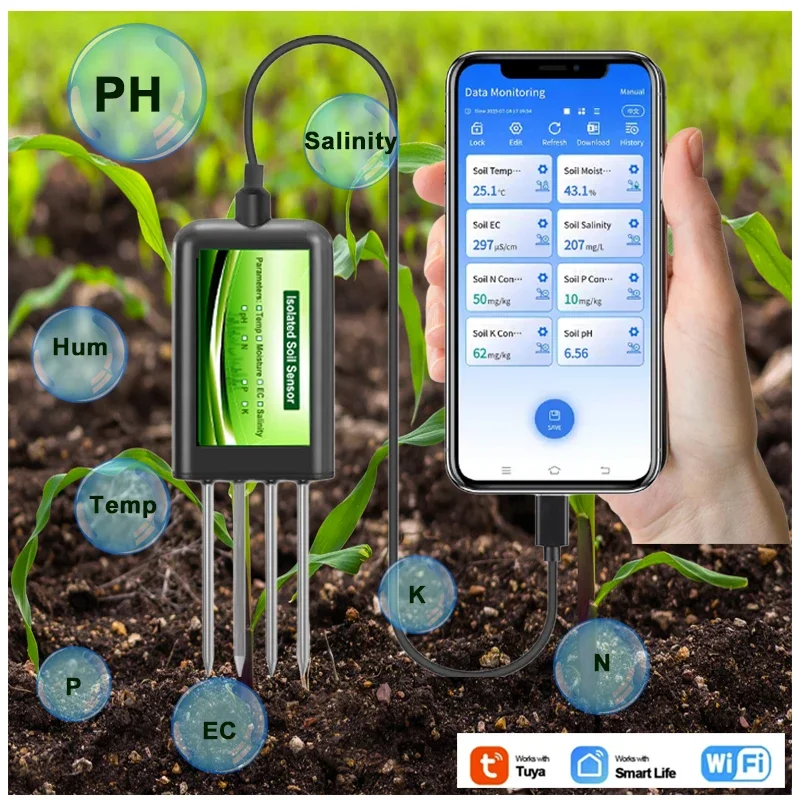 RS485 Soil Sensor Humidity Level Measuring Instruments 8in1 Soil Moisture NPK Salt PH Temperature EC Sensor