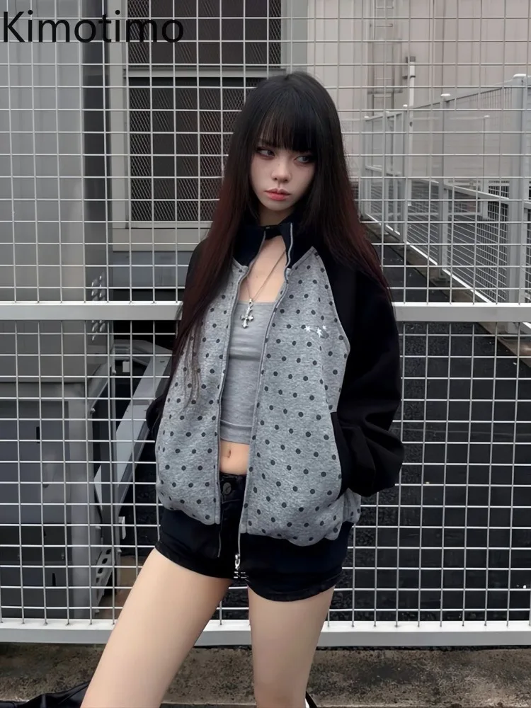 Kimotimo Women Polka Dot Jacket Vintage Patchwork Long Sleeve Zip-up Stand Collar Loose Coats Top Harajuku Y2k Casual Sweatshirt