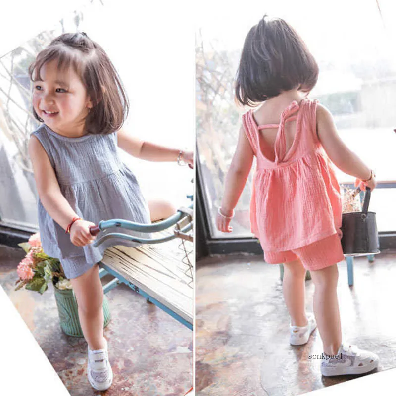 2PC Summer New Girls' Outfit Baby Girls' Sleeveless T-shirt Children's Short-sleeve Clothing Set Two-piece Trendy Set