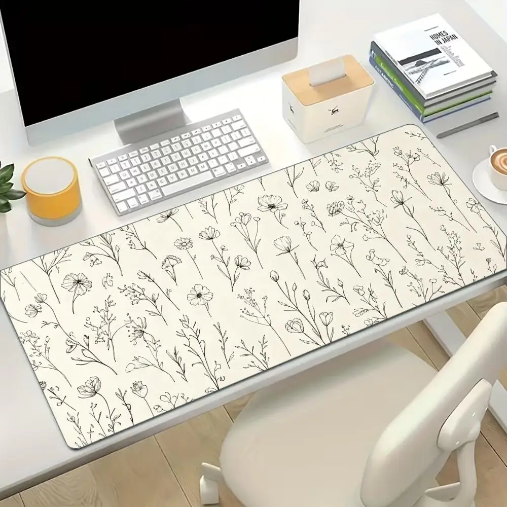 Botanical Line Art Floral Extended Gaming Mouse Pad Non Slip Desk Surface Minimal Vintage Sketch Flower Art Print For Gaming