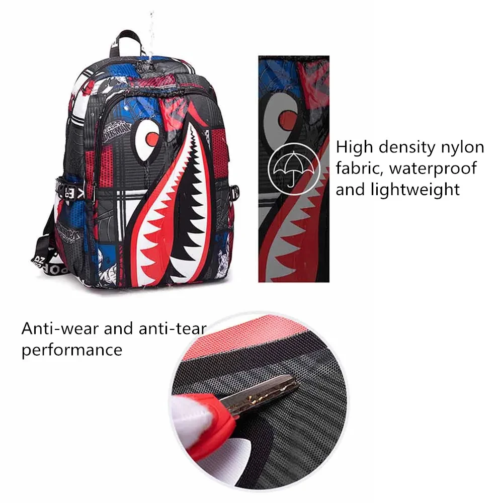 Coole Hai Mund druckt Bagpack Boy Camouflage College-Taschen Unisex Schult aschen wasserdichte Rucksäcke Student große Kapazität Taschen