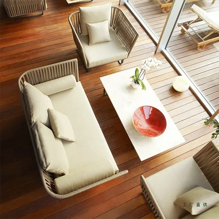 Outdoor Rattan Sofa Set Waterproof 3-Seater with Chair and Coffee Table for Courtyard Balcony Terrace Leisure Furniture