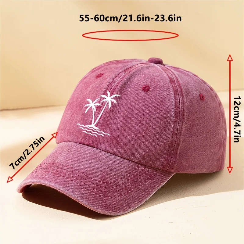 قبعة بيسبول نسائية مغسولة بطباعة شجرة جوز الهند، قبعة منقار البط بلون سادة، قبعة سائق قابلة للتعديل في الهواء الطلق