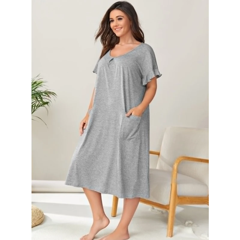 Plus Size 3XL 4XL 5XL Ruffled Nightdress Sexy Women\'s Pocket Nightwear Loose Casual Intimate Lingerie Home Wear Simple Nightgown