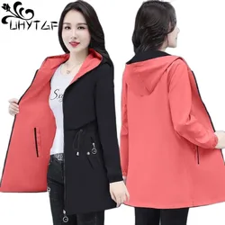 UHYTGF Double-Sided Trench Coat Women Spring Autumn Clothes Hooded Large Size Long Windbreaker Jacket Female Outerwear Tops 2680