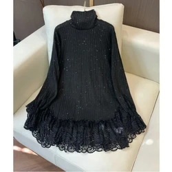 Autumn and Winter New Fashionable Style Lace Splicing Bottom Shirt Thin Solid Color Loose Look Casual Loose Long Sleeves Top