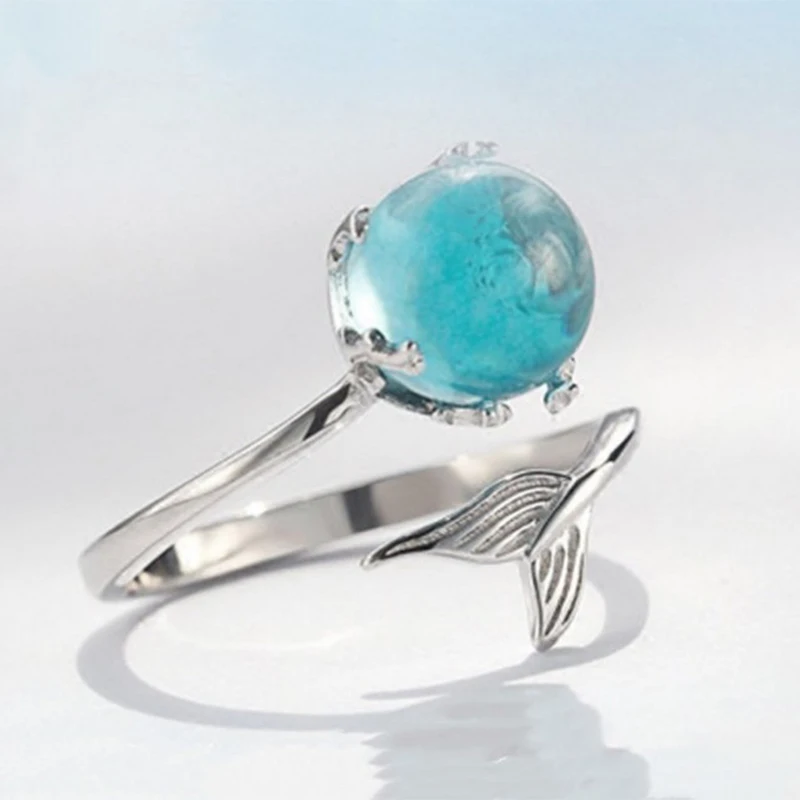 Mermaid Open Fish Tail Ring Blue Opal Adjustable Ring for Women