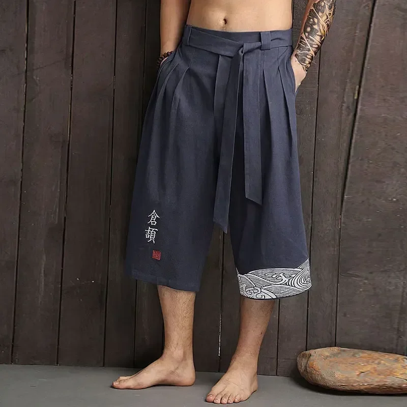 Japanse Kimono Traditionele Strand Broek Mannen Aziatische Kleding Bad Broek Toevallige Losse Mannen Yukata Linnen Bijgesneden Broek