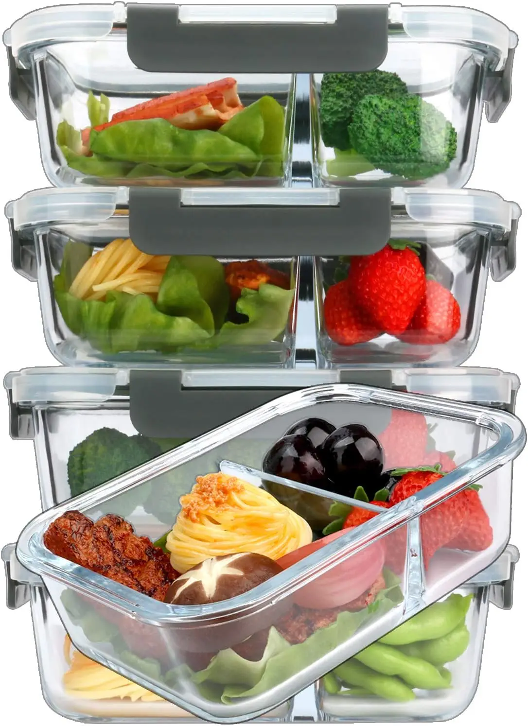 5-Pack Glass Meal Prep Containers with 2 Compartments, Snap Locking Lids, Microwave & Dishwasher Safe (36 Oz)