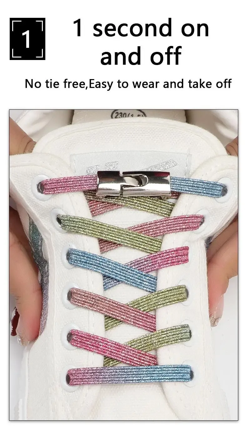 Krawattenlose Schnürsenkel für Sneaker, luxuriöse Diamant-Kreuzverschluss-Schnürsenkel, Regenbogenfarbene, elastische, flache Schnürsenkel ohne Krawatten, Schnürsenkel für Schuhe. – Detail 2