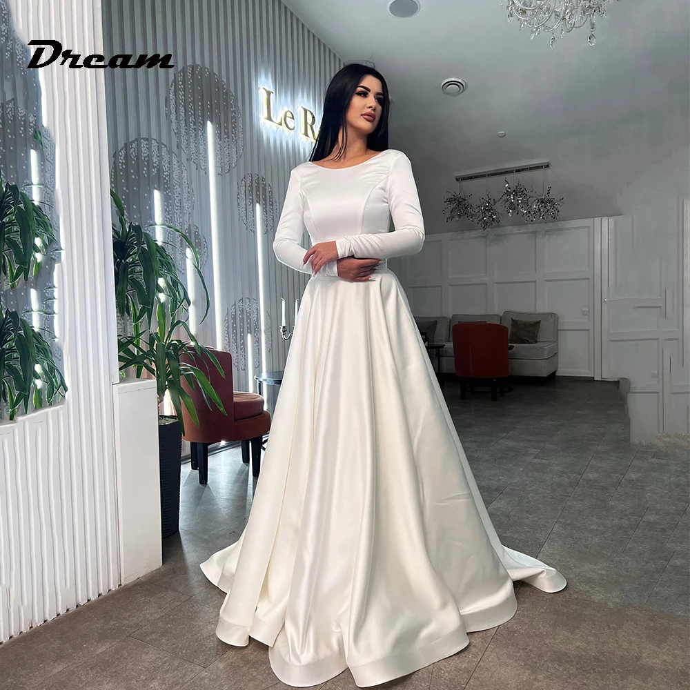 

DREAM Simple Corset Wedding Dresses O-Neck Satin Long Sleeves Bridal Gowns With bow A-Line Backless Robe De Mariee Custom Made