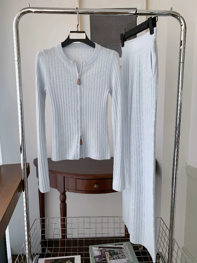 Dress Ensemble Luxury Cashmere Knit Cardigan Top Paired With Matching Midi For Autumn Elegant Classic Chic Sophisticated Skirt