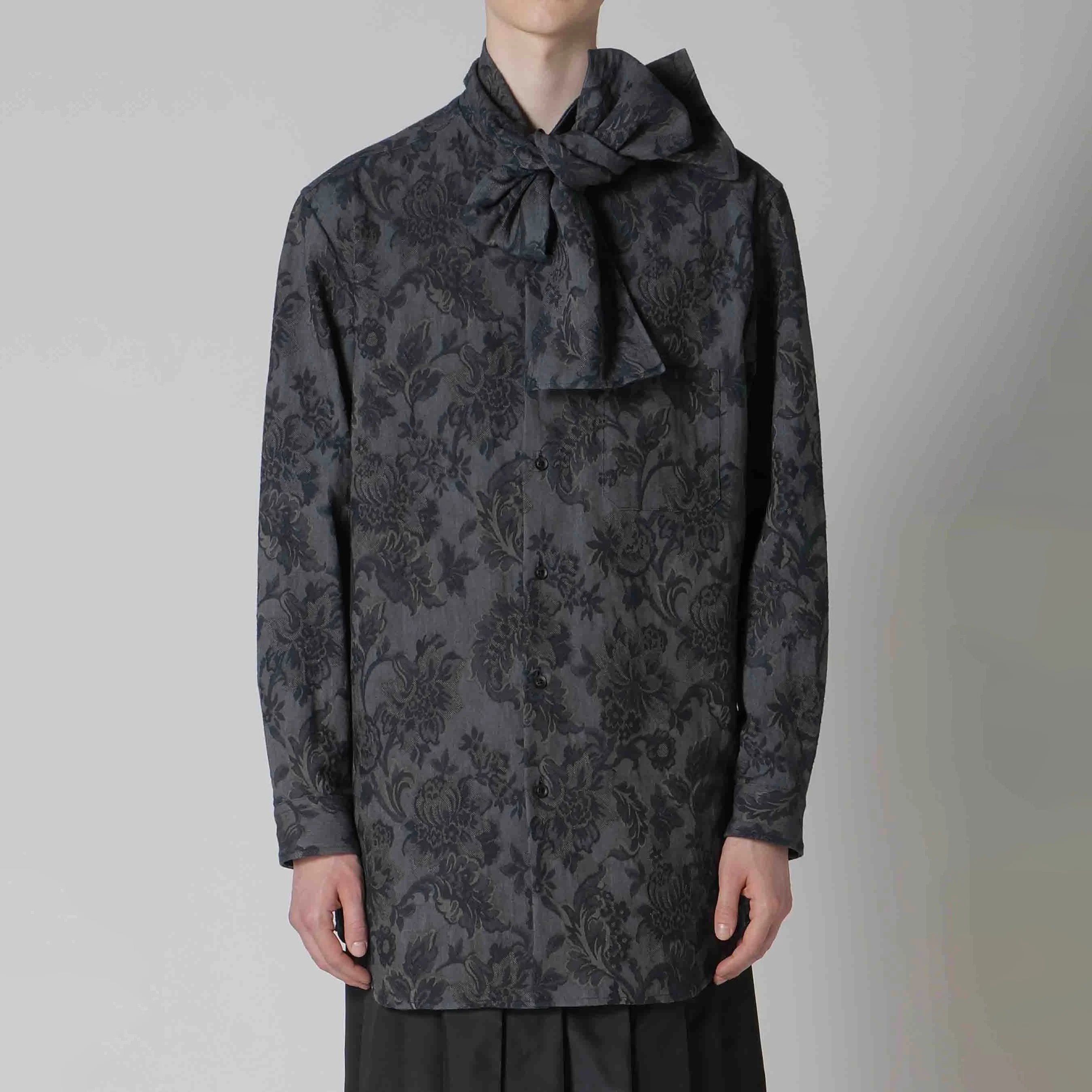 YOJI OOAK التصميم الأصلي زهرة الحبر مصبوغ قماش الجاكار قميص الرجال وشاح طوق قميص بأكمام طويلة أعلى الرجال