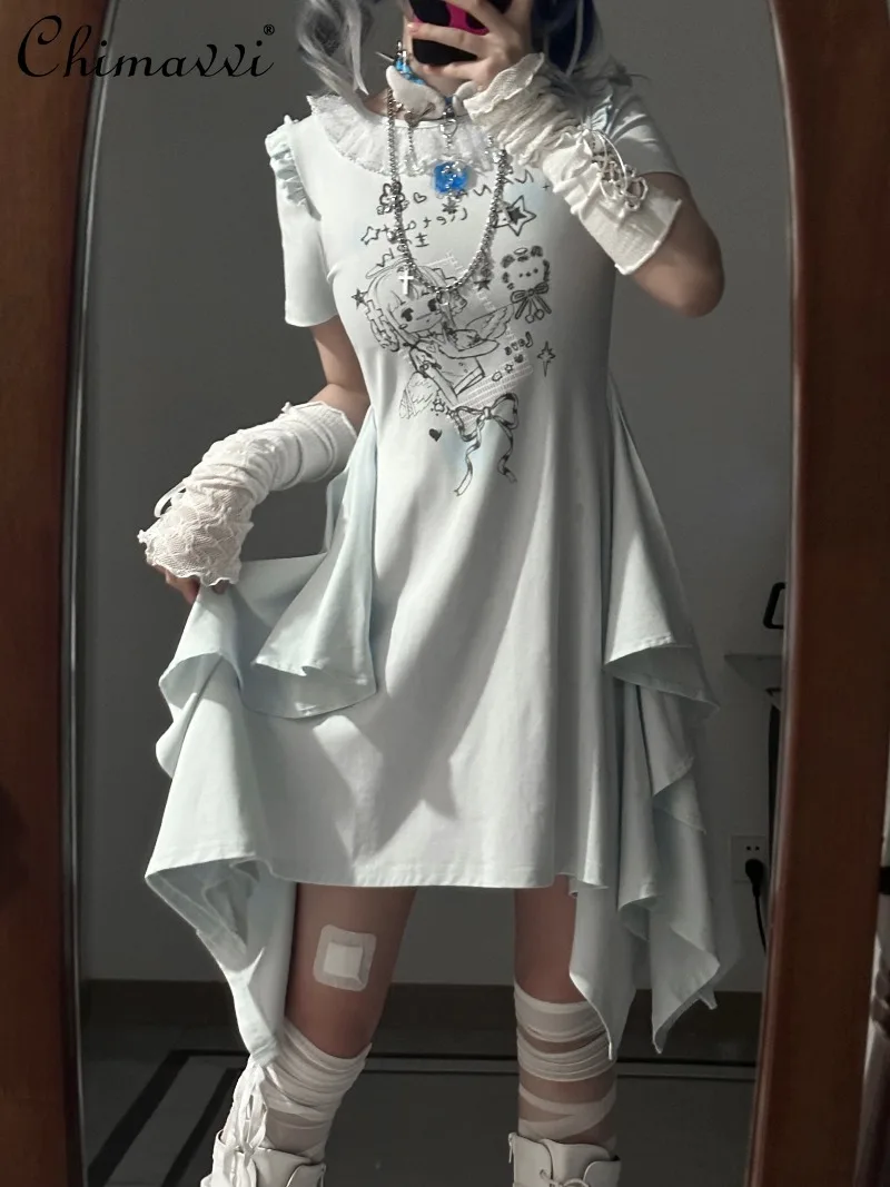 

Original Japanese Medical Subculture Aqua Blue Dress Small Flutter Sleeves Cinched Waist Fashion Round-neck Slim-fit Short Dress