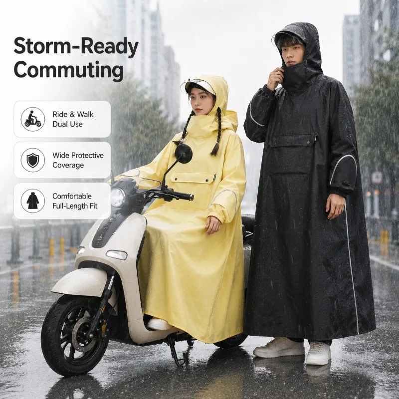 Adult Women's Electric Scooter Rain Poncho Full Body Waterproof One-Piece Hooded Raincoat for E-Bike Riding and Daily Commute