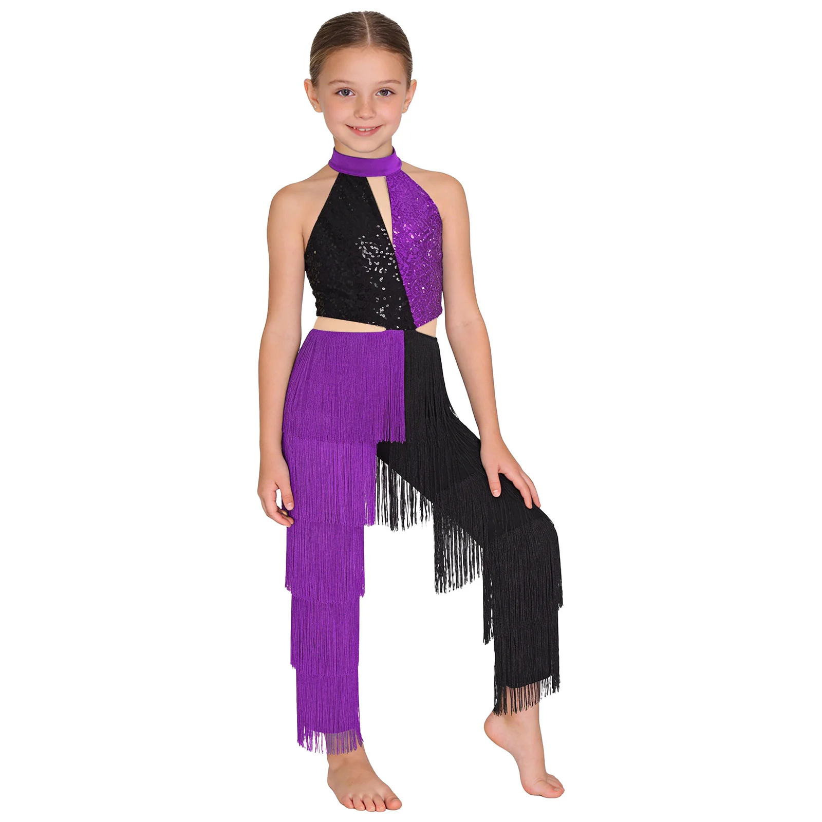 Childs Sequin Tassel Halter Jumpsuit Girls Latin Dance Disco Party Romper Kids Performance Costume Sleeveless Bodysuit Dancewear
