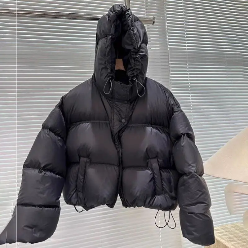 Jaqueta curta feminina com pato branco para baixo casacos quentes com capuz casaco novo coreano solto grosso outono inverno jaquetas